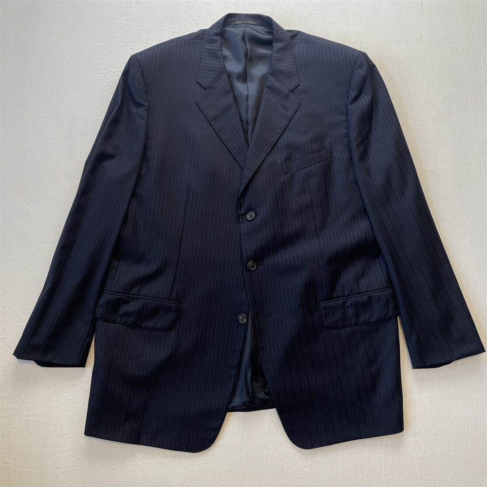 Corneliani 48L Navy Blue Stripe 100% Wool Italy Blazer Suit Jacket Sport Coat